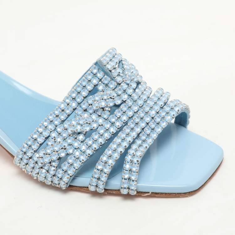 Pre Owned Gina Light Blue Crystal Embellished Block Heel Slide Sandals Size 37.5