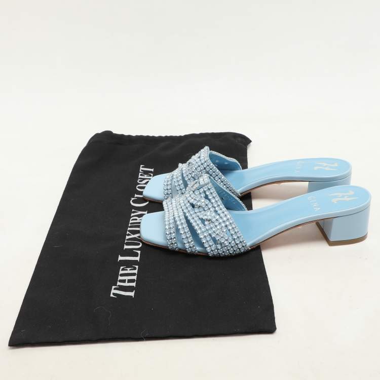 Pre Owned Gina Light Blue Crystal Embellished Block Heel Slide Sandals Size 37.5