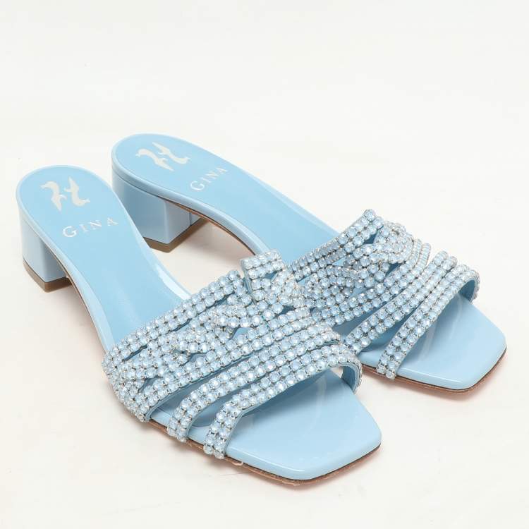 Pre Owned Gina Light Blue Crystal Embellished Block Heel Slide Sandals Size 37.5