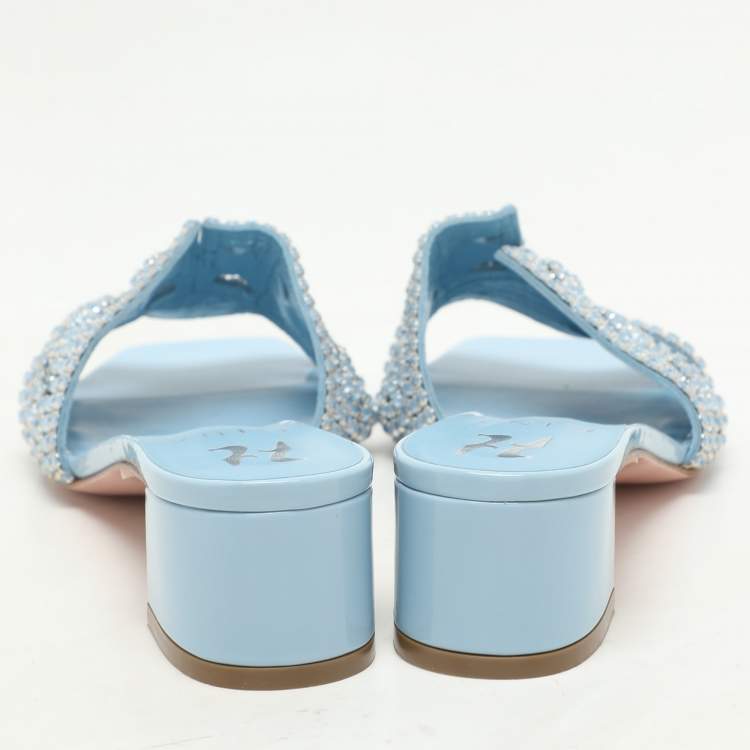 Pre Owned Gina Light Blue Crystal Embellished Block Heel Slide Sandals Size 37.5