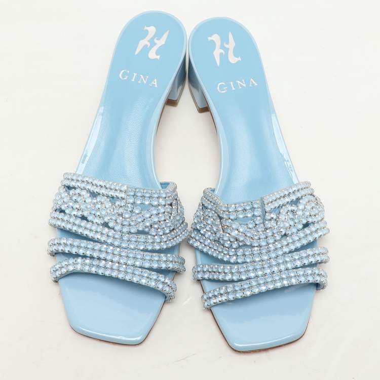 Pre Owned Gina Light Blue Crystal Embellished Block Heel Slide Sandals Size 37.5