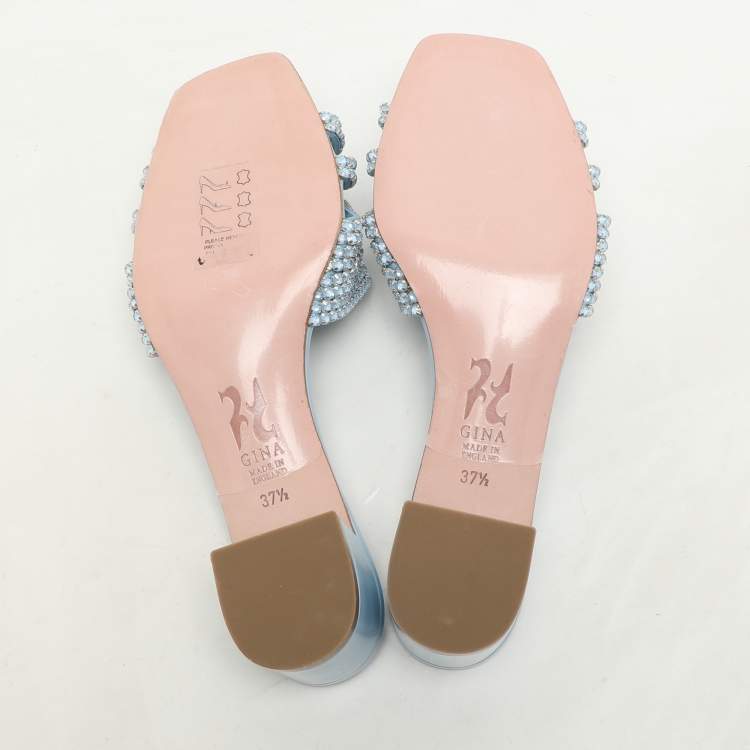 Pre Owned Gina Light Blue Crystal Embellished Block Heel Slide Sandals Size 37.5