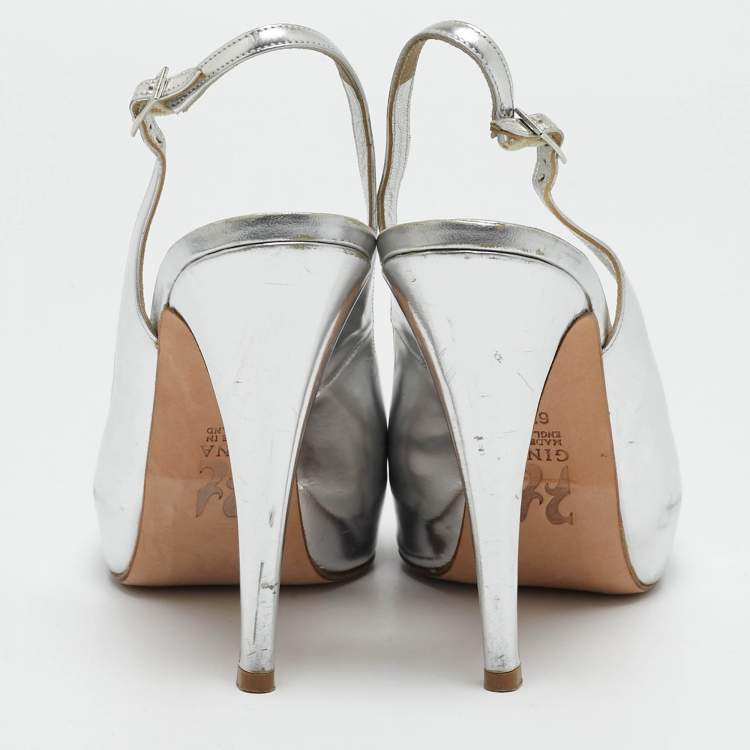 Pre Owned Gina Silver Leather Slingback Open Toe Platform Sandals Size 39.5
