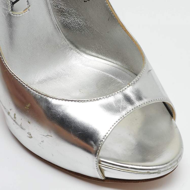 Pre Owned Gina Silver Leather Slingback Open Toe Platform Sandals Size 39.5