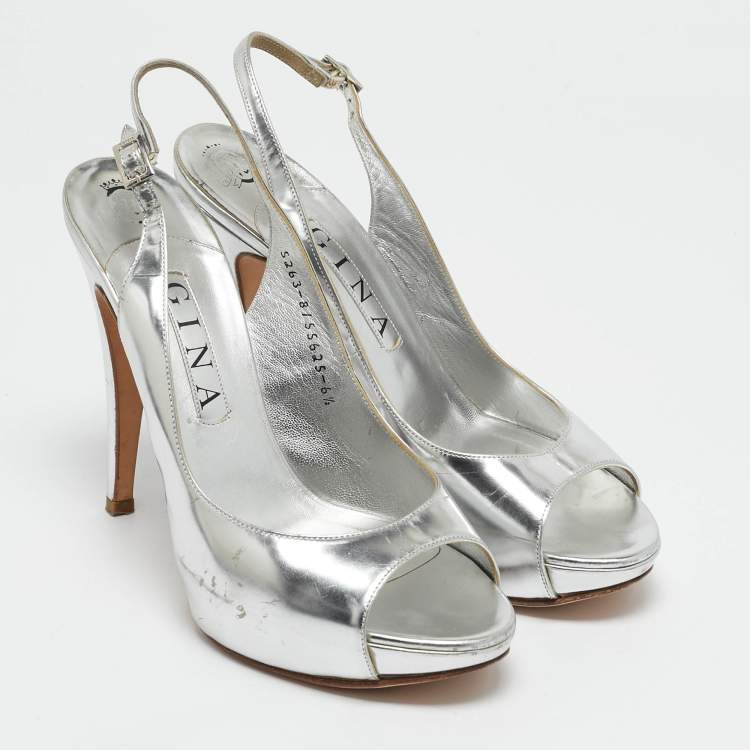 Pre Owned Gina Silver Leather Slingback Open Toe Platform Sandals Size 39.5
