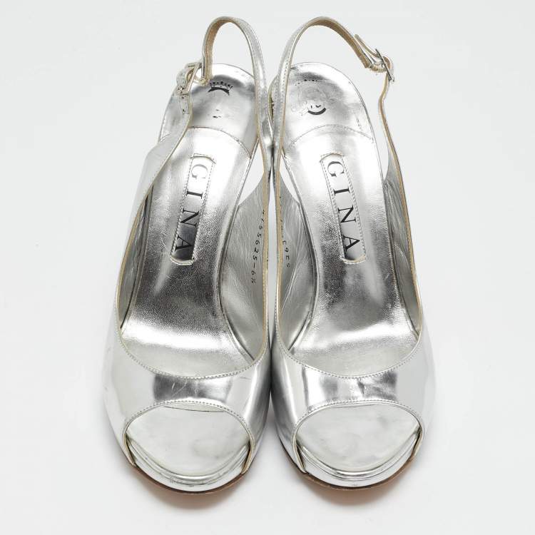 Pre Owned Gina Silver Leather Slingback Open Toe Platform Sandals Size 39.5