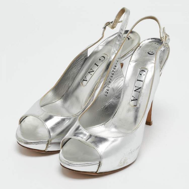 Pre Owned Gina Silver Leather Slingback Open Toe Platform Sandals Size 39.5