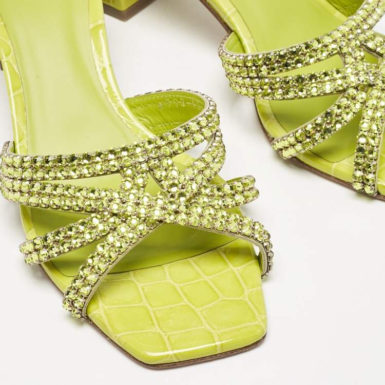 Pre Owned Gina Green Croc Embossed Leather Crystal Embellished Slide Sandals Size 39