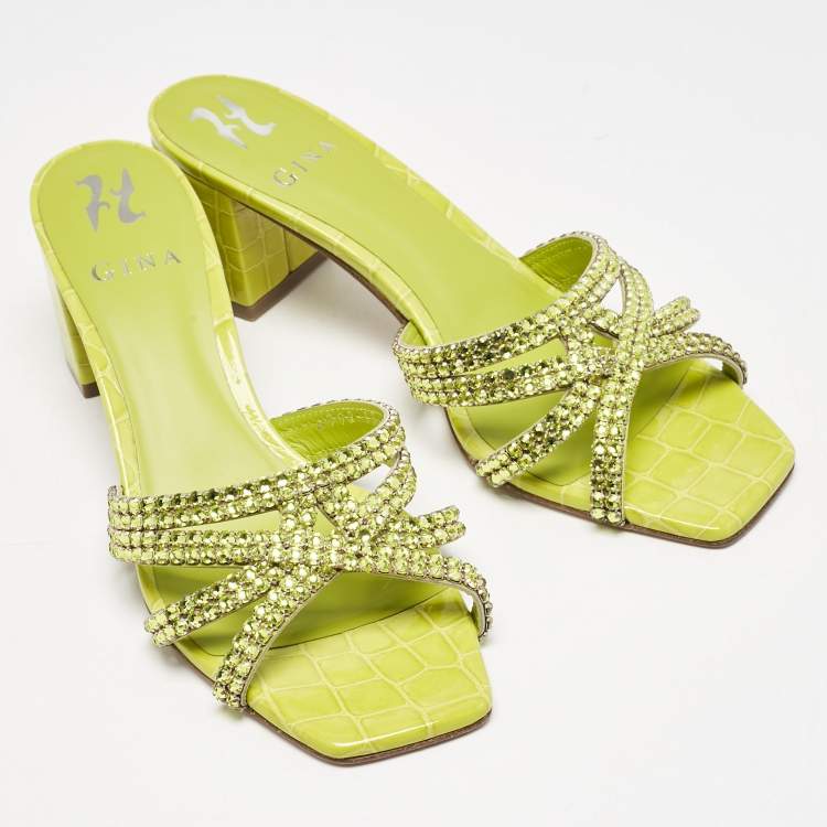 Pre Owned Gina Green Croc Embossed Leather Crystal Embellished Slide Sandals Size 39