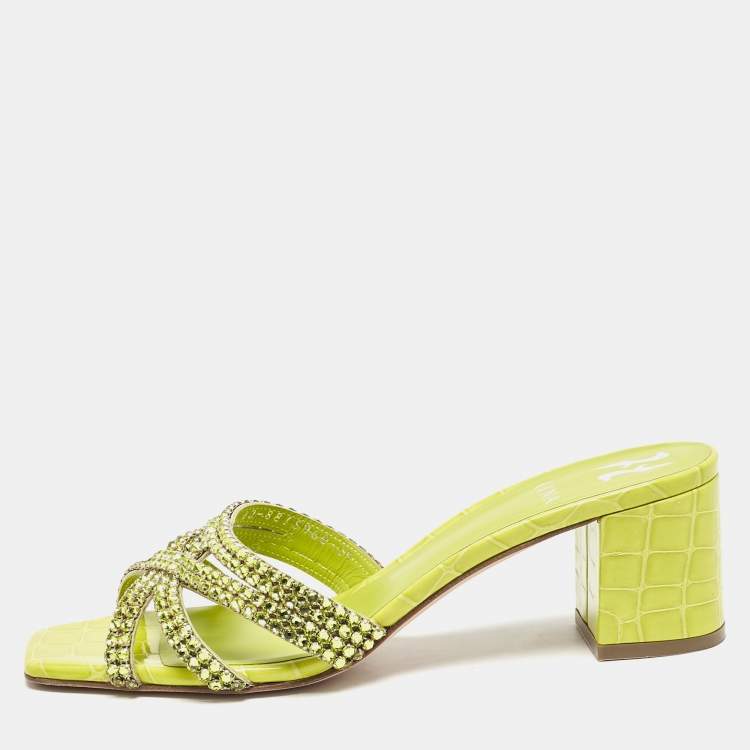 Pre Owned Gina Green Croc Embossed Leather Crystal Embellished Slide Sandals Size 39