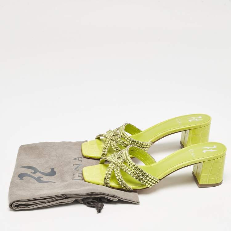 Pre Owned Gina Green Croc Embossed Leather Crystal Embellished Slide Sandals Size 39
