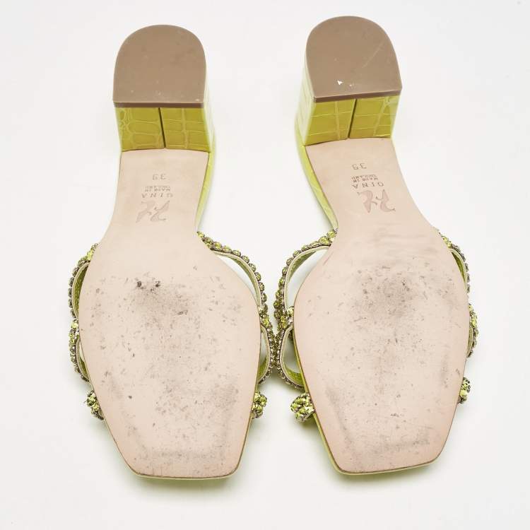 Pre Owned Gina Green Croc Embossed Leather Crystal Embellished Slide Sandals Size 39