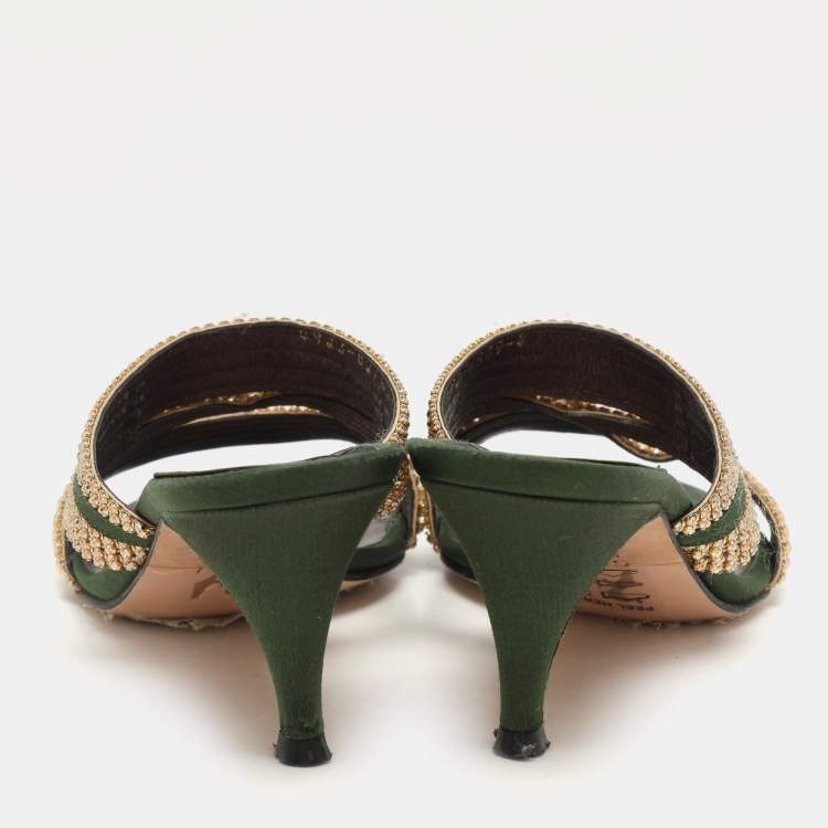 Pre Owned Gina Green/Gold Crystal Embellished Satin Slide Sandals Size 37