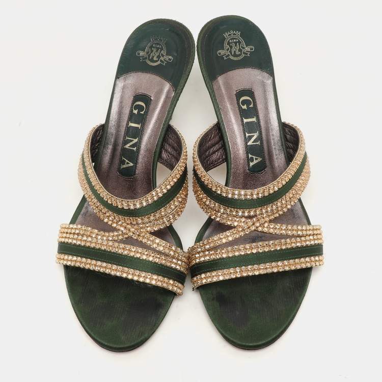 Pre Owned Gina Green/Gold Crystal Embellished Satin Slide Sandals Size 37