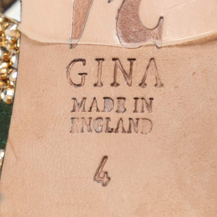Pre Owned Gina Green/Gold Crystal Embellished Satin Slide Sandals Size 37