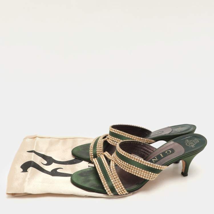 Pre Owned Gina Green/Gold Crystal Embellished Satin Slide Sandals Size 37