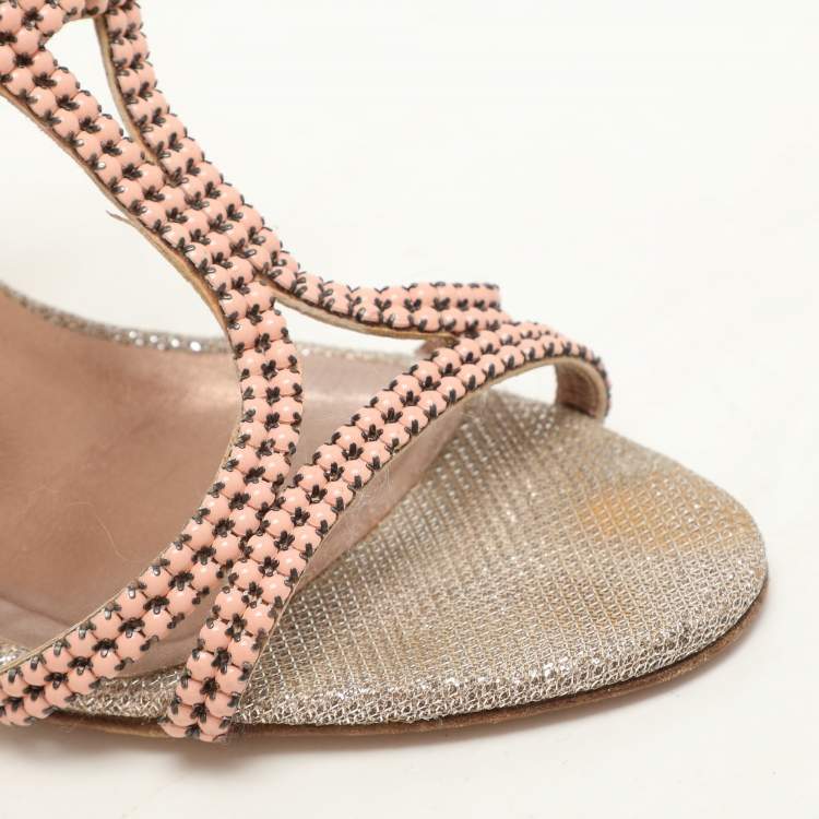 Pre Owned Gina Pink Beads Embellished Wedge Sandals Size 37.5