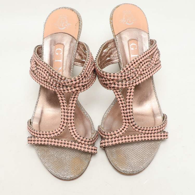 Pre Owned Gina Pink Beads Embellished Wedge Sandals Size 37.5