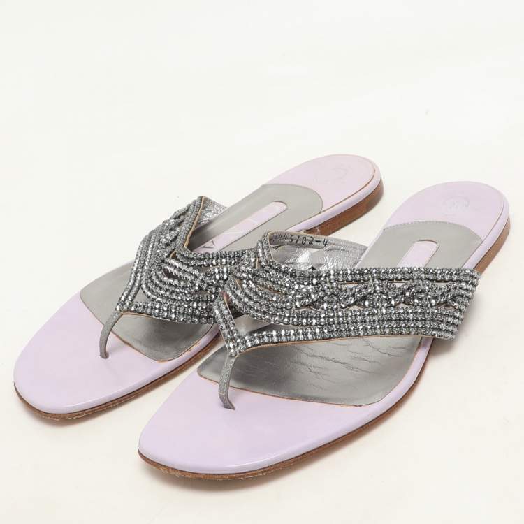 Pre Owned Gina Purple Crystal Embellished Thong Flats Size 37