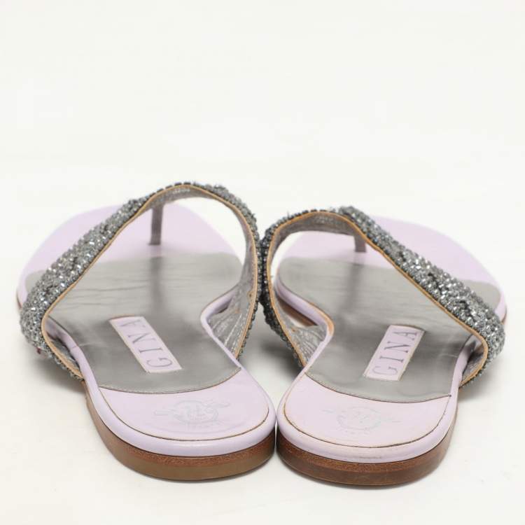 Pre Owned Gina Purple Crystal Embellished Thong Flats Size 37