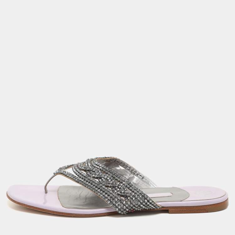 Pre Owned Gina Purple Crystal Embellished Thong Flats Size 37