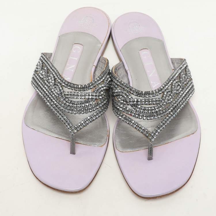 Pre Owned Gina Purple Crystal Embellished Thong Flats Size 37