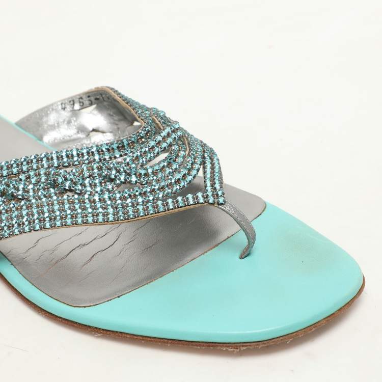 Pre Owned Gina Green Crystals Embellished Thong Flats Size 38