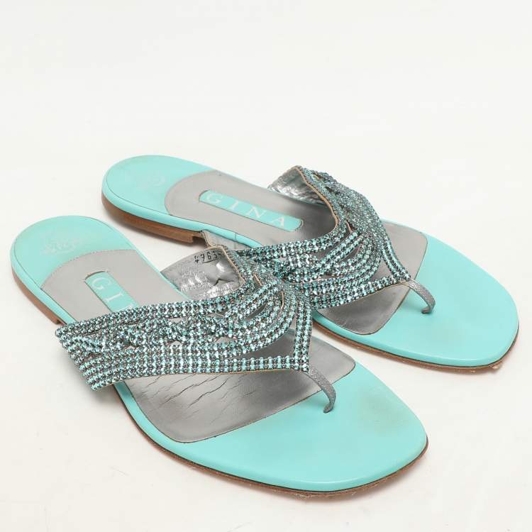 Pre Owned Gina Green Crystals Embellished Thong Flats Size 38