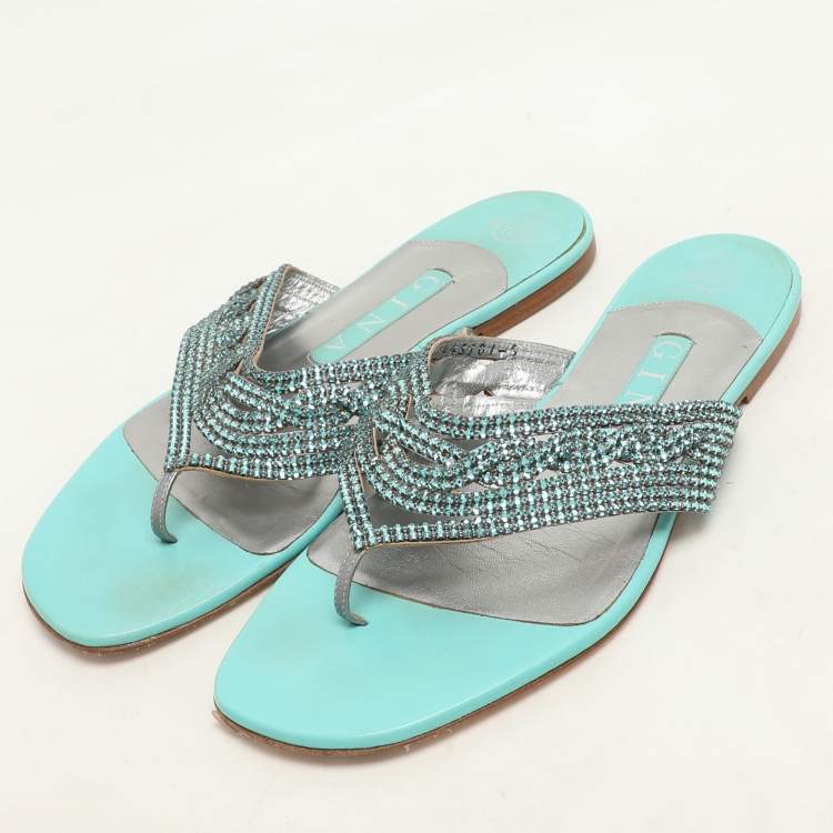 Pre Owned Gina Green Crystals Embellished Thong Flats Size 38
