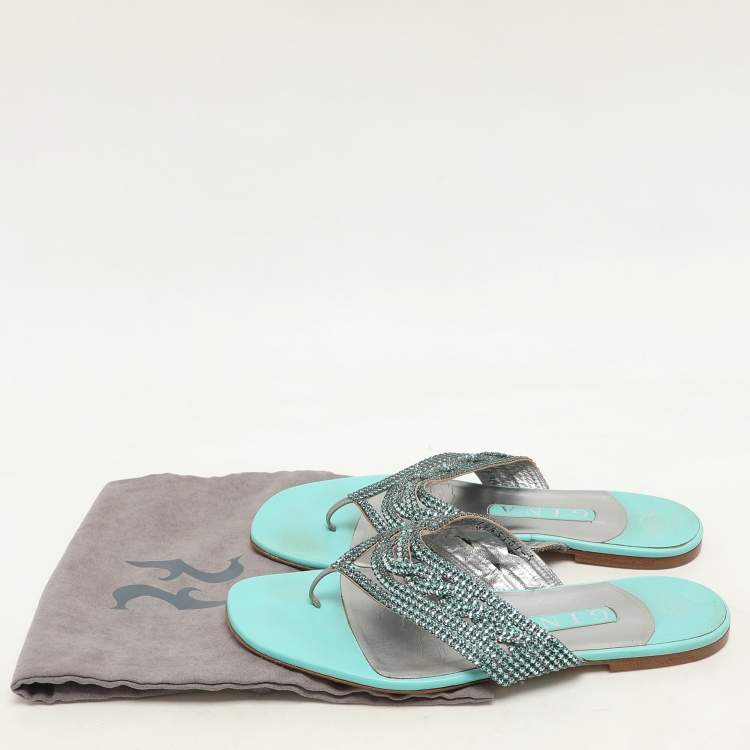 Pre Owned Gina Green Crystals Embellished Thong Flats Size 38
