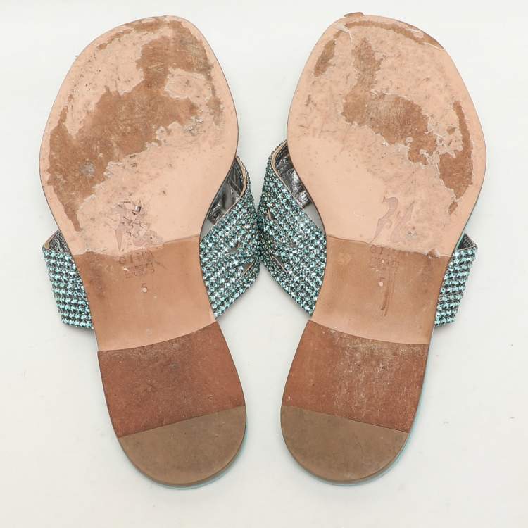 Pre Owned Gina Green Crystals Embellished Thong Flats Size 38