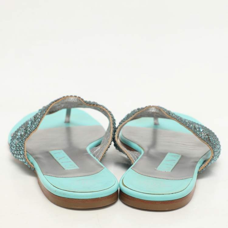 Pre Owned Gina Green Crystals Embellished Thong Flats Size 38