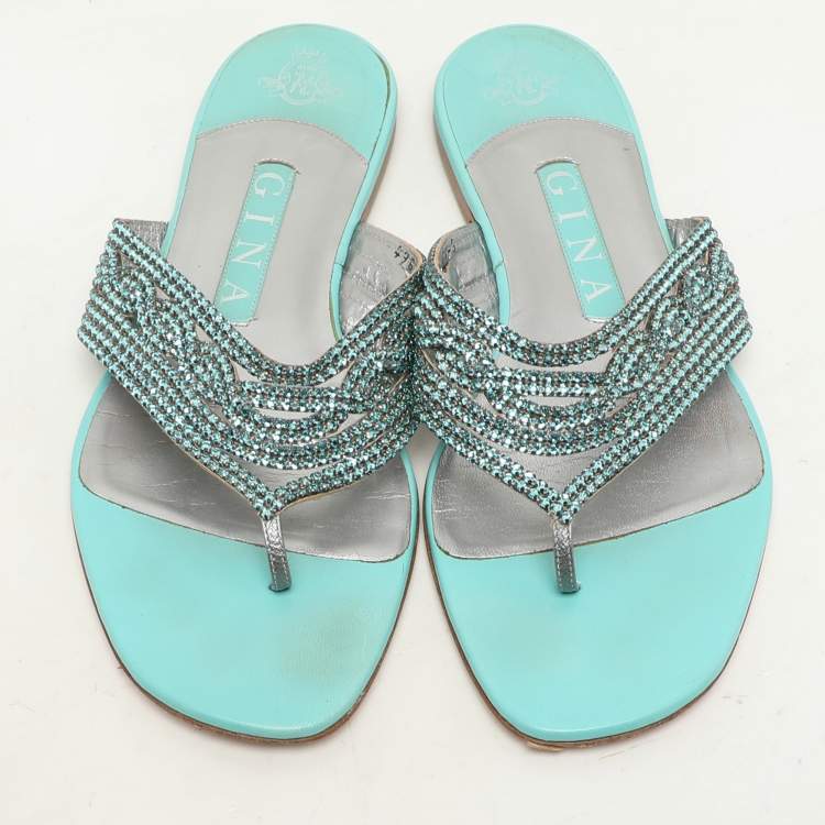 Pre Owned Gina Green Crystals Embellished Thong Flats Size 38