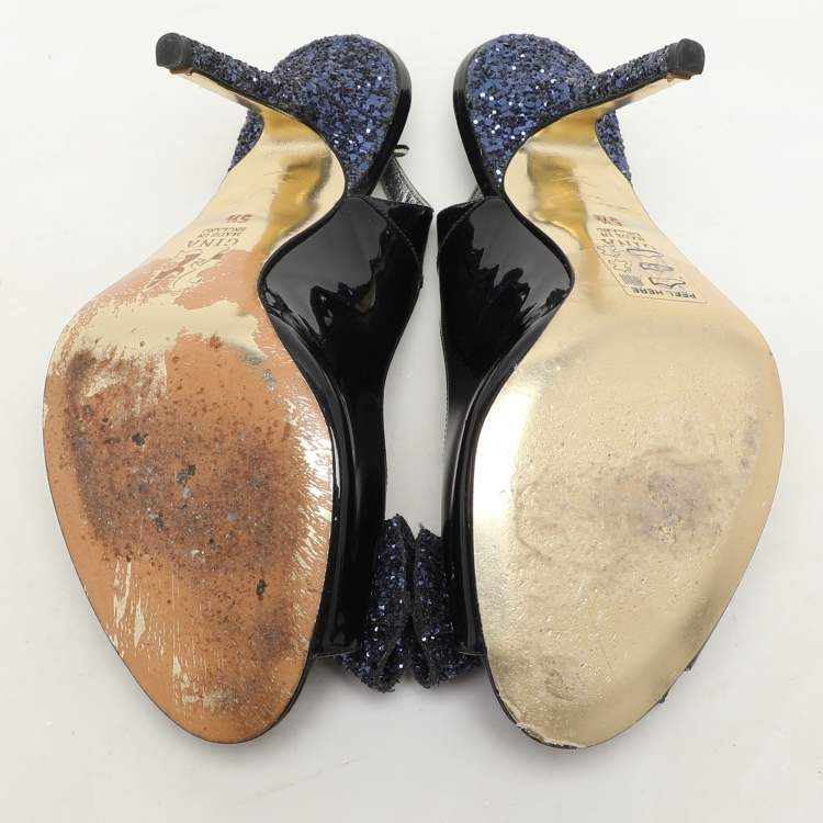 Pre Owned Gina Blue Patent Leather and Glitter Bow Embellished Peep Toe Slingback Pumps Size 38.5