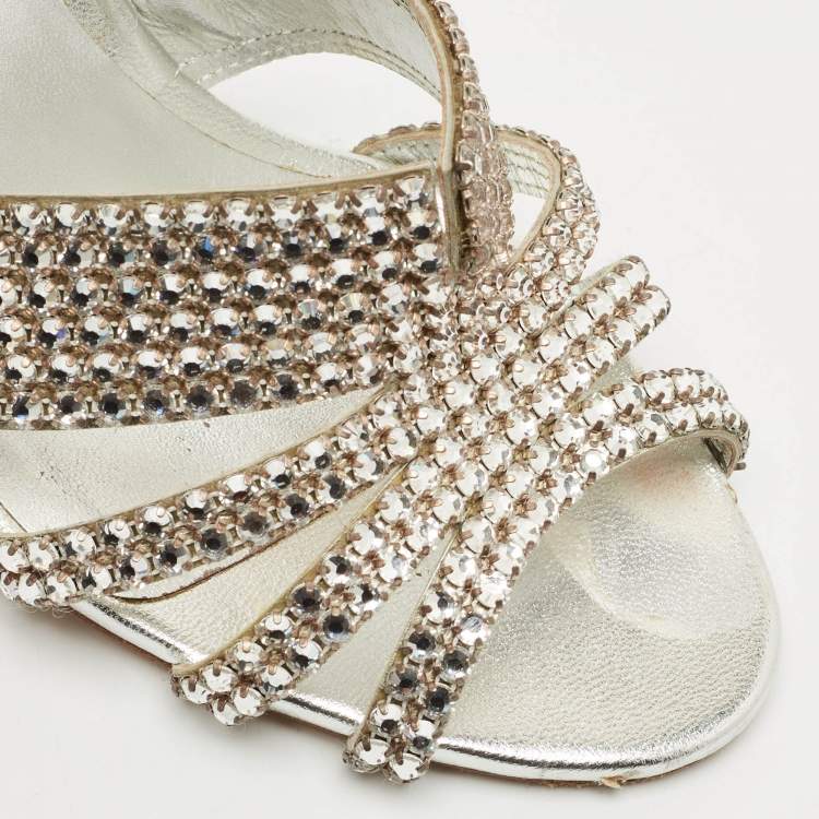 Pre Owned Gina Silver Crystal Embellished Leather Slide Sandals Size 38