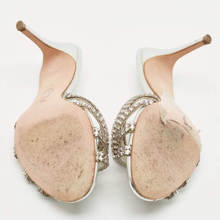 Pre Owned Gina Silver Crystal Embellished Leather Slide Sandals Size 38