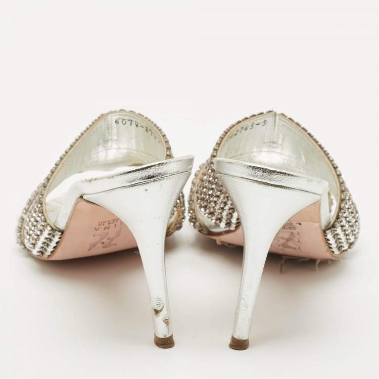 Pre Owned Gina Silver Crystal Embellished Leather Slide Sandals Size 38