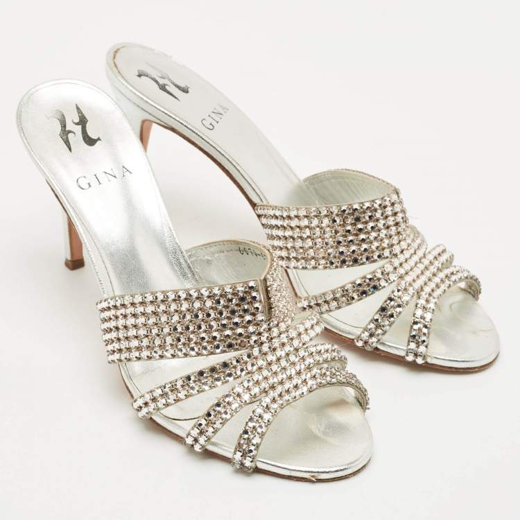 Pre Owned Gina Silver Crystal Embellished Leather Slide Sandals Size 38