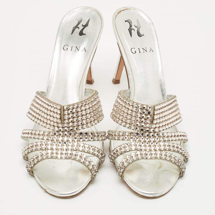 Pre Owned Gina Silver Crystal Embellished Leather Slide Sandals Size 38