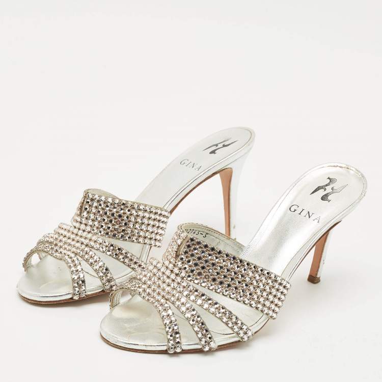 Pre Owned Gina Silver Crystal Embellished Leather Slide Sandals Size 38