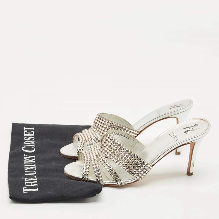 Pre Owned Gina Silver Crystal Embellished Leather Slide Sandals Size 38