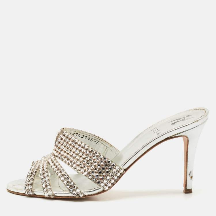 Pre Owned Gina Silver Crystal Embellished Leather Slide Sandals Size 38