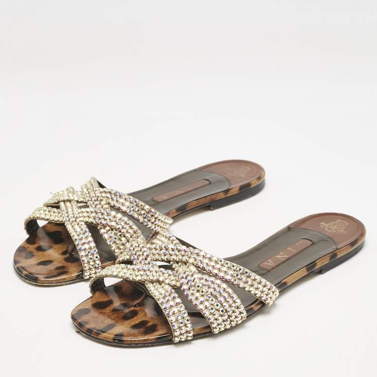 Pre Owned Gina Brown Leopard Print Patent Leather Crystal Embellished Flat Slides Size 41