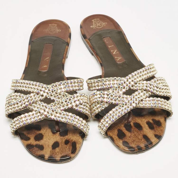 Pre Owned Gina Brown Leopard Print Patent Leather Crystal Embellished Flat Slides Size 41