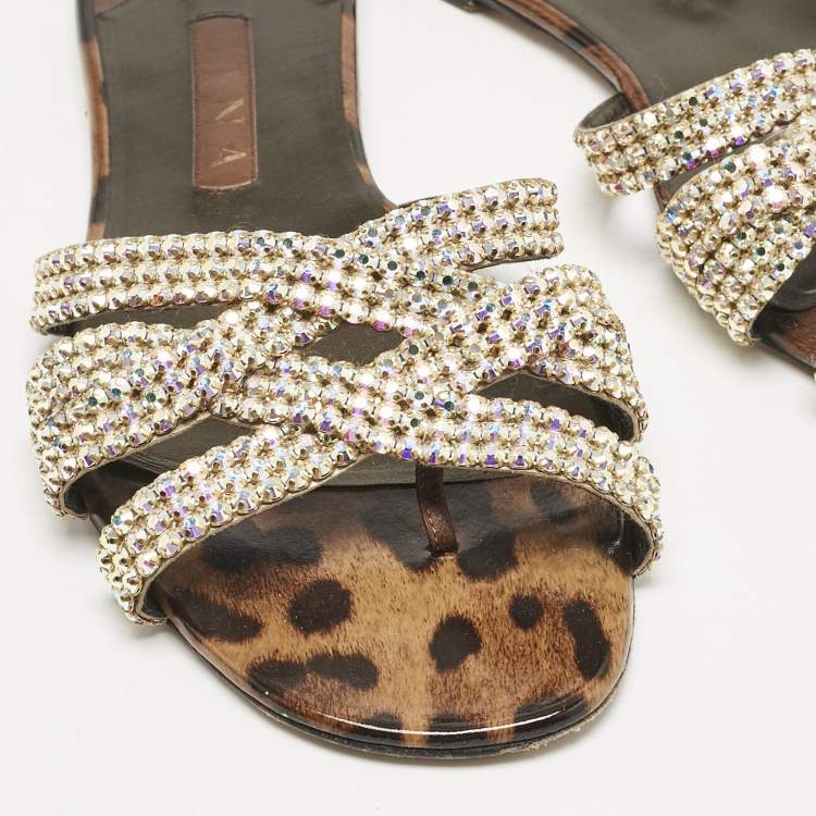 Pre Owned Gina Brown Leopard Print Patent Leather Crystal Embellished Flat Slides Size 41