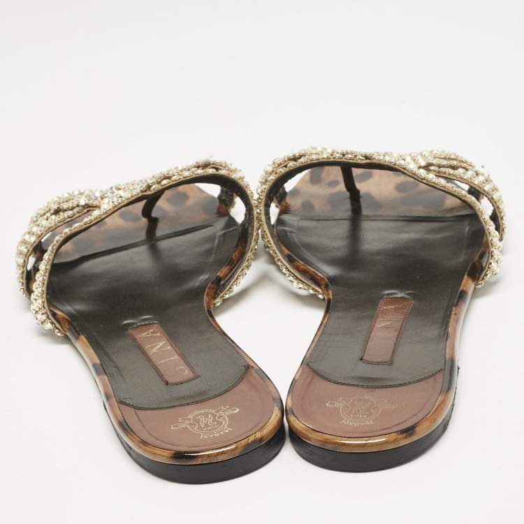 Pre Owned Gina Brown Leopard Print Patent Leather Crystal Embellished Flat Slides Size 41