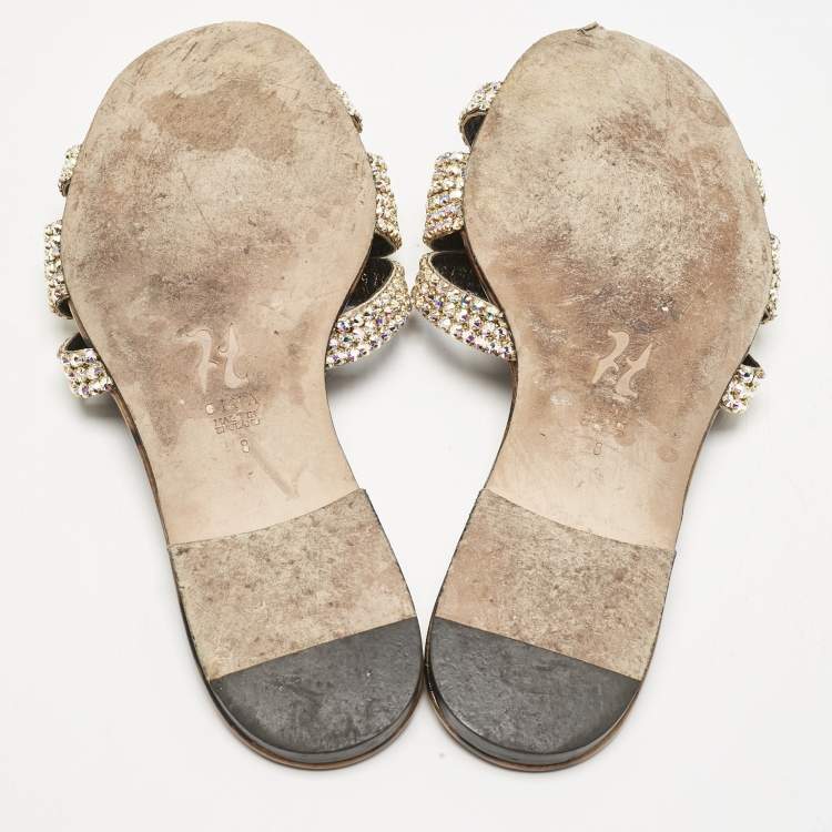 Pre Owned Gina Brown Leopard Print Patent Leather Crystal Embellished Flat Slides Size 41