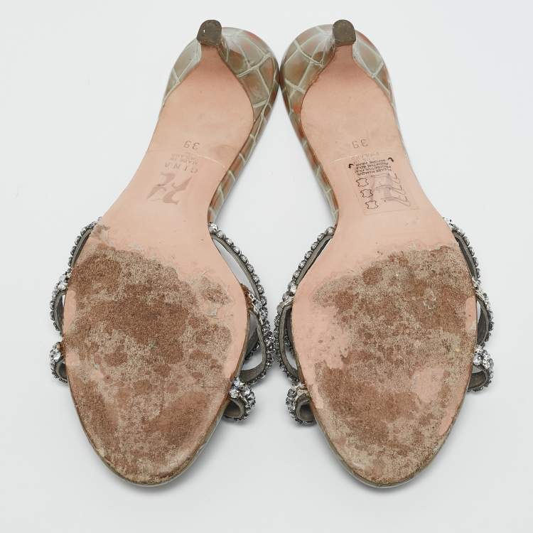 Pre Owned Gina Grey Croc Embossed Patent Leather Crystal Embellished Slide Sandals Size 39