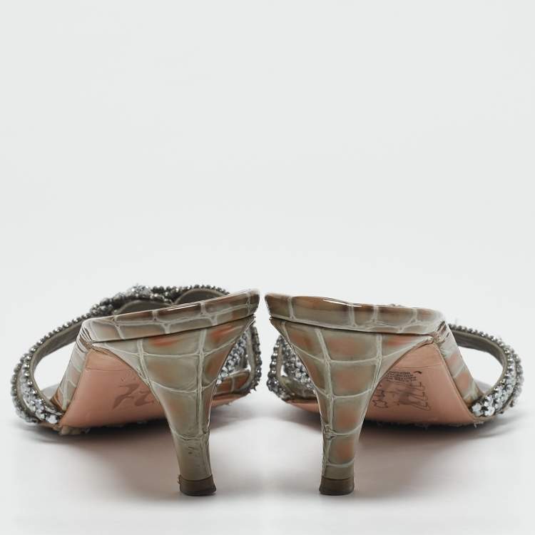 Pre Owned Gina Grey Croc Embossed Patent Leather Crystal Embellished Slide Sandals Size 39