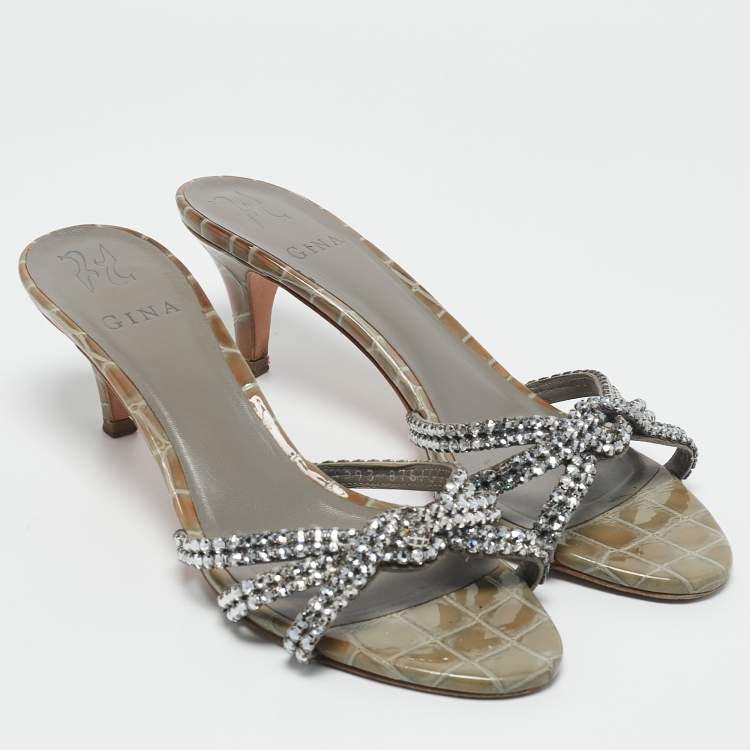 Pre Owned Gina Grey Croc Embossed Patent Leather Crystal Embellished Slide Sandals Size 39